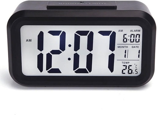 Ceas desteptator digital DTL, afisaj LED cu temperatura, afisaj LCD cu cifre mari, afisaj LCD cu iluminare din spate, senzor de luminozitate inteligenta pentru dormitor, acasa, birou si calatorii