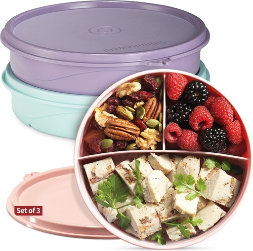 Recipiente pentru gustari, pachet de 3 – recipiente rotunde cu 3 compartimente pentru gustari pentru copii si adulti – recipiente stivuibile pentru depozitarea alimentelor cu capace – cutii pentru gustari pentru copii, fara BPA, lavabile in masina de spalat vase, pentru o singura portie