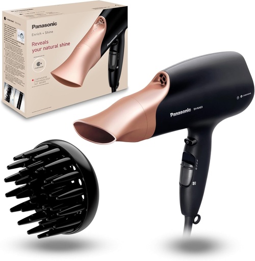 Uscator de par Panasonic EH-NA63 Nanoe, rating Stiftung Warentest 1.8, cu difuzor, duza de coafare, ventilator si setari de temperatura, pentru stralucire vizibila, putere 2000 W, design ergonomic, auriu-roz