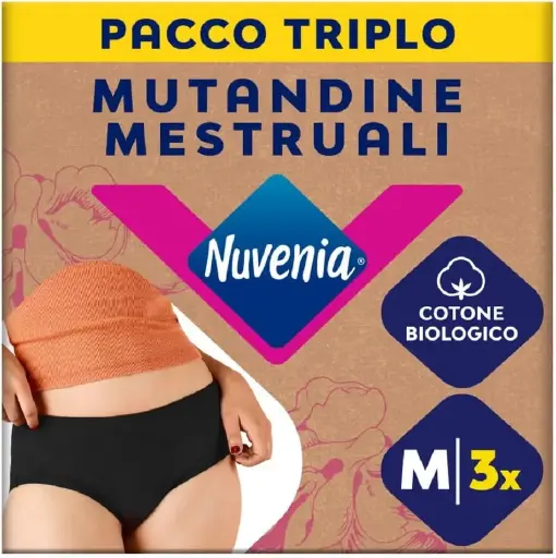Nuvenia Intimawear, chiloti menstruali din bumbac organic, lavabili si reutilizabili pentru zi si noapte, flux moderat-abundent, culoare neagra, marimea M, pachet de 3