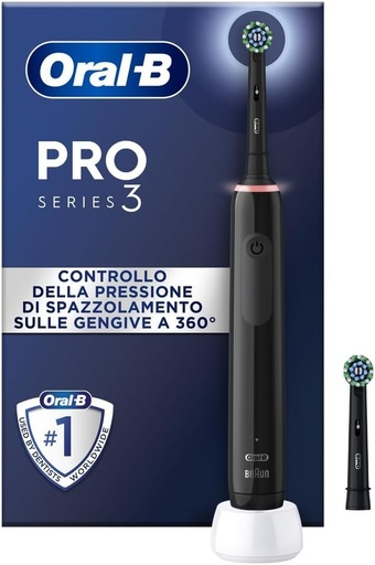 Periuta de dinti electrica oscilator-rotativa Oral-B Pro 3 3000, senzor de presiune pentru protejarea gingiilor sensibile, mod de albire, 2 capete de periuta rotunde de schimb, 1 incarcator, neagra
