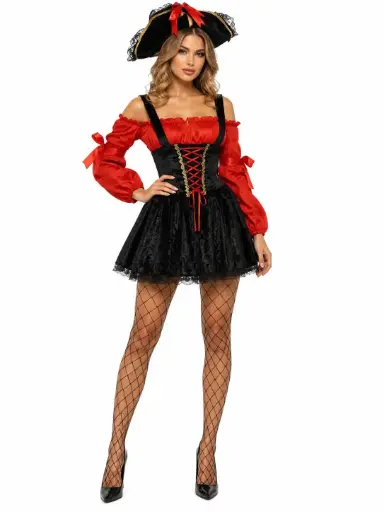LEG AVENUE 83157 - Costum de pirat din catifea cu sireturi, costum de carnaval pentru femei, marimea S (EUR 34-36)