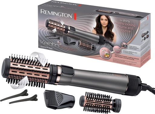 Perie rotativa automata cu aer cald Remington [tratament cu keratina si ulei de migdale] Keratin Protect (1000W, ceramica, temperatura variabila, 3 accesorii: 2 perii rotunde 40 si 50 mm + volum) AS8811