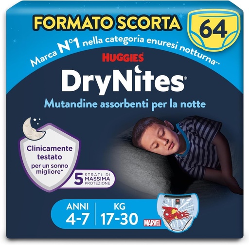 HUGGIES DryNites - Lenjerie intima ultra-absorbanta de noapte - Baieti 4-7 ani (17-30 kg) - 4 pachete a cate 16 chiloti - solutia ideala pentru copiii care uda patul
