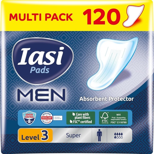 IASI MEN Super, Nivel de protectie 3, Scuturi absorbante pentru scurgeri urinare masculine usoare pana la moderate, 120 de unitati