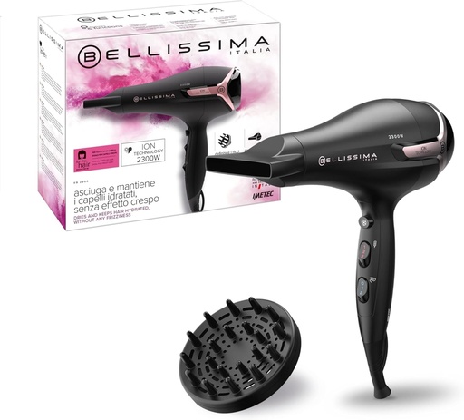 Uscator de par Bellissima Imetec - K9 2300W, difuzor pentru bucle si concentrator inclus. Uscator de par ionic cu 8 setari de aer/temperatura si jet de par rece.