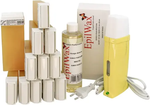 EpilWax - Kit profesional pentru incalzirea cerii cu 12 rezerve roll-on cu miere, 100 benzi de epilare si ulei dupa epilare - Gama Royal