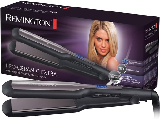 Placa de indreptat parul Remington - Lata: Placi extra late de 45 mm: Speciala pentru par gros, cret, cret si foarte lung - Afisaj LCD, 150-230°C, Placa de indreptat parul Pro-Ceramic Extra S5525