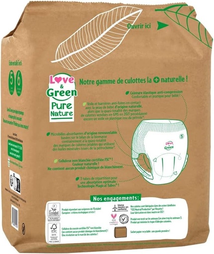 Love & Green - Pantaloni de dresaj ecologici, nealbiti, marimea 5 (12 pana la 18 kg) x 18 - Pentru bebelusi - Antrenament la olita - Materiale certificate ecologic - Delicate cu planeta si pielea bebelusului