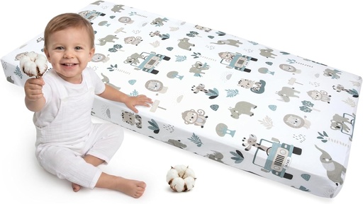Medi Partners Cearsaf cu elastic 60x120 cm, pat pentru copii, cearsaf cu elastic 100% bumbac - Cearsaf cu elastic pentru copii, lenjerie de pat pentru bebelusi, saltea pentru bebelusi, sac de dormit, pat pentru bebelusi (Menta Zoo)