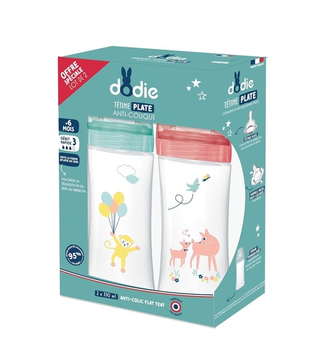 DODIE Set de 2 Biberoane Anti-Colic Sensation+ (2 x 330 ml) - Tetina plata, Flow 3, fara BPA - 6+ luni - Verde si Roz Aer