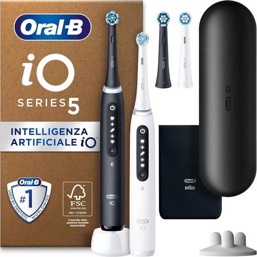 Periuta de dinti electrica Oral-B iO Series 5 Plus Edition, pachet dublu PLUS 2 capete de periuta + carcasa magnetica, 5 moduri de curatare, conceputa de Braun, negru mat/alb deschis