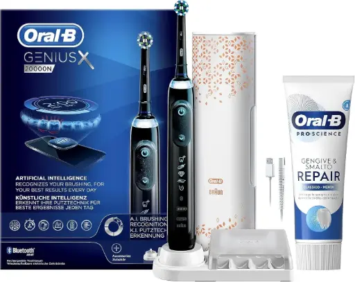 Periuta de dinti electrica reincarcabila Oral-B Genius X, neagra, cu inteligenta artificiala, 1 cap de periuta, 1 husa de calatorie + 1 pasta de dinti Oral-B Gum & Enamel Repair, Classic-Mint, 75 ml