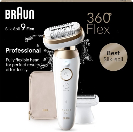 Epilator Braun Silk-épil 9 Flex pentru femei cu cap flexibil la 360° pentru indepartarea usoara a parului, Umed si uscat, Piele neteda de lunga durata, Aparat de ras pentru femei, Cap de ras si cap de tuns, 9-041 3D, Alb/Auriu