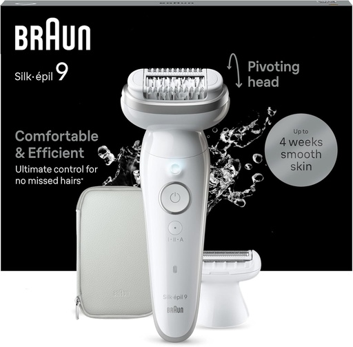 Epilator electric Braun Silk-épil 9 pentru femei cu cap flexibil, umed si uscat, piele neteda de lunga durata, cu cap de ras electric pentru femei si capac de tuns, epilator Braun 9-041, alb/argintiu