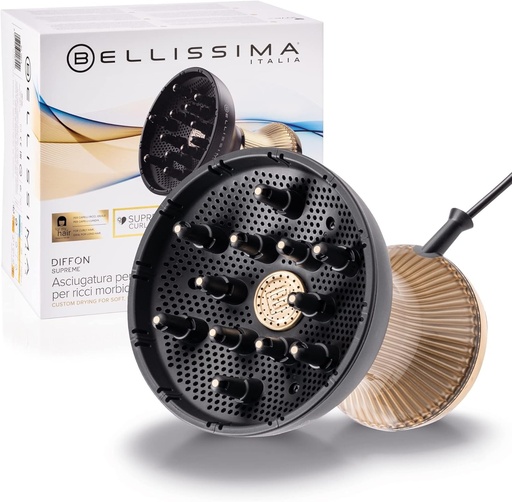 Difuzor de aer cald ceramic Bellissima XL + ulei de argan pentru par cret - Uscator de par multifunctional Diffon Supreme + difuzor ionic - 2 viteze, 3 temperaturi - Uscare delicata si naturala