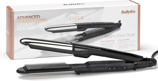 BaByliss - ST496E - Placa de indreptat parul cu abur Steam Shine cu placi XL din turmalina-ceramica pentru o indreptare rapida si fara efort - Functie ionica anti-electrizare pentru par stralucitor, matasos si protejat.