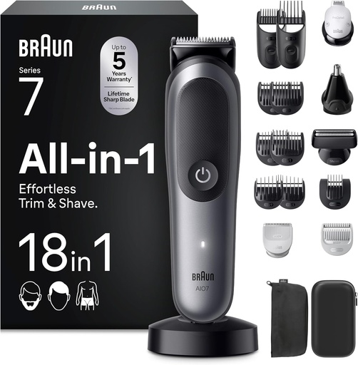 Braun All-in-One Series 7, Aparat de tuns multifunctional 18 in 1, pentru barba, pentru nas, pentru fata, cap si corp, Baterie 120 min, 14 lungimi (3–21 mm), Rezistent la apa, AIO7585, Gri