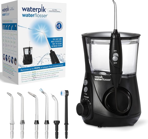 Irrigator dentar profesional Waterpik, castigator al testului 2024, tehnologie Precision Pulse, certificat TÜV, indepartare a placii dentare de pana la 99,9%, 7 duze, 10 moduri individuale, temporizator integrat, negru