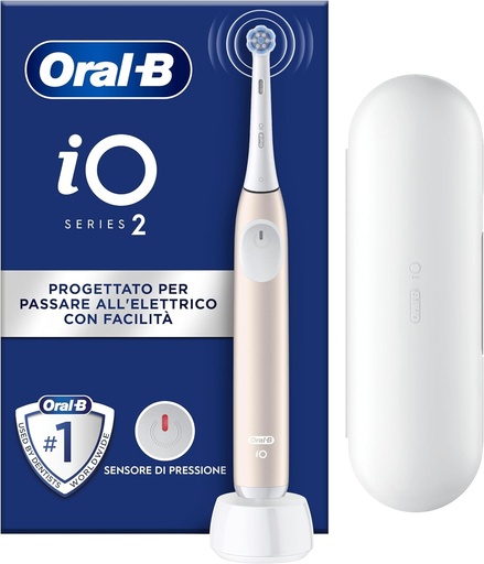 Periuta de dinti electrica Oral-B iO 2, roz pal, 1 cap de periuta, 1 husa de calatorie, 1 suport de schimb pentru periuta, 3 moduri de periaj, senzor de presiune si cronometru, conceputa de Braun