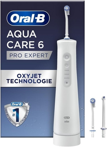 Irigator oral fara fir Oral-B AquaCare 6 — 3 duze de schimb, dispozitiv de curatare interdentar, curatare delicata a dintilor si gingii sanatoase, tehnologie Oxyjet, 3 moduri de ingrijire orala — Alb/Gri