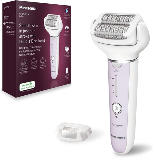 Epilator Panasonic ES-EY30 Wet/Dry pentru femei, disc dublu cu 60 de pensete, cap pivotant la 90°, 3 viteze si lumina LED, functionare 30 de minute, fara fir, epilator.
