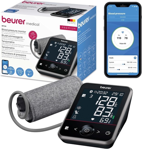 Tensiometru de brat Beurer BM 64, detectare fibrilatie atriala pentru prevenirea accidentului vascular cerebral, indicator de repaus patentat, manseta pentru 22-42 cm, cu aplicatie, transfer de date catre Apple Health si sisteme similare.