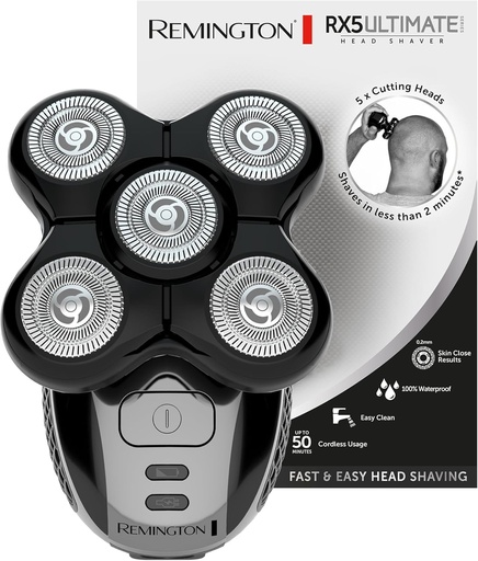 Aparat de ras Remington Bald Head pentru barbati - Lama flexibila cu doua sine - Aparat de ras rotativ cu cap de litiu, 5 capete de ras, Colectare par, Aparat de tuns, Aparat de ras electric RX5 XR1501