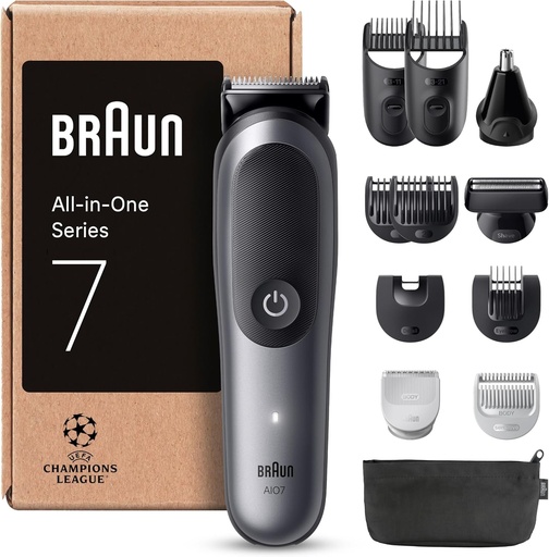 Aparat de tuns multifunctional Braun Series 7, kit 12 in 1, lama ProBlade, tehnologie AutoSense, autonomie fara fir de 120 de minute, protectie SkinGuard, aparat de tuns pentru barba decolorata, maner AquaGrip convenabil pentru utilizare sub apa, AIO7545, gri