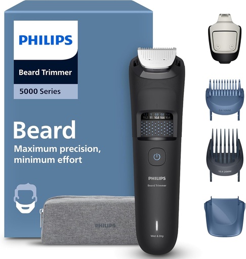 Aparat de tuns barba Philips seria 5000 – lame metalice cu auto-ascutire, 40 de setari de lungime, tehnologie BeardSense, colector de par, 100% impermeabil, husa de calatorie, model BT5765/15