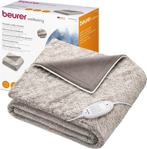 Patura incalzita Beurer HD 75 Nordic, patura calduroasa si pufoasa cu aspect de blana artificiala, cu 6 setari de temperatura, lavabila la masina la 30 °C, patura incalzita cu oprire automata, bej/maro, 180 x 130 cm