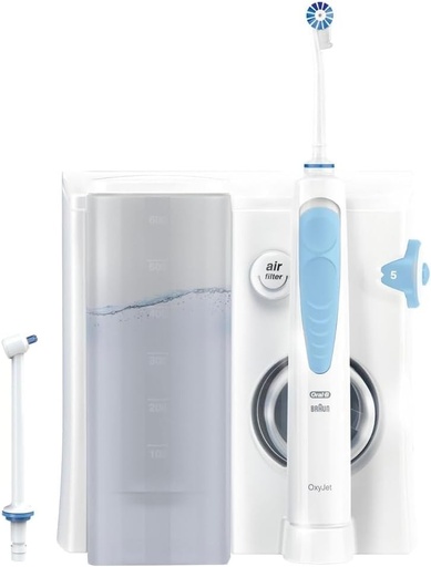 Iritator dentar Oral-B Oral Health Center cu apa, 2 duze de schimb, curatitor interdentar pentru curatarea delicata a dintilor si gingii mai sanatoase, cu tehnologie Oxyjet, 5 niveluri de presiune pentru ingrijire orala, alb/albastru
