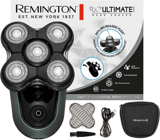 Remington Aparat de ras electric cu cap chel pentru barbati [Functie Turbo Boost] Aparat de ras cu cap cu litiu (5 capete de ras, ras fin max. 0,2 mm, camera de colectare a parului, trimmer de detalii, rezistent la apa) Aparat de ras cu cap XR1600