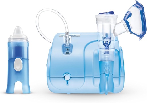 Flaem, Neb-Aid Duo, Aerosol compact pentru tractul respirator superior si inferior cu masti moi la atingere, filtru de aer si dus nazal, produse certificate si fabricate in Italia