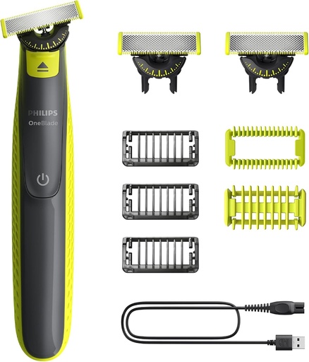 PHILIPS OneBlade 360 ​​​​Face & Body - Aparat de ras electric, aparat de tuns si de ingrijire corporala, 3 lame 360, 3 accesorii de tuns (1/3/5 mm), 2 accesorii pentru corp, barbierit umed si uscat pentru fata si corp (QP2824/31)