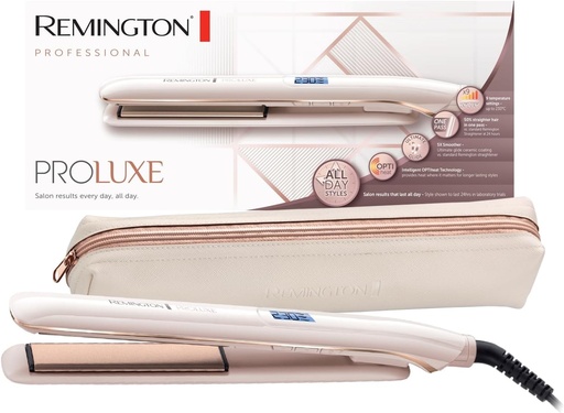 Placa de indreptat parul Remington PROluxe (tehnologie OPTIheat pentru o coafare de lunga durata, rezultata intr-o singura miscare si invelis ceramic Ultimate Glide), afisaj LCD, 150-230°C, Placa de indreptat parul S9100