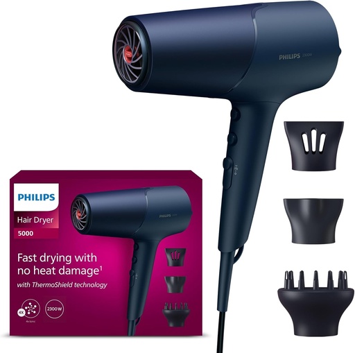 Uscator de par Philips Seria 5000, tehnologie ThermoShield, ingrijire ionica, 2300 W, albastru metalizat, cu duza de coafare de 9 mm si 11 mm, difuzor de volum, BHD510/20