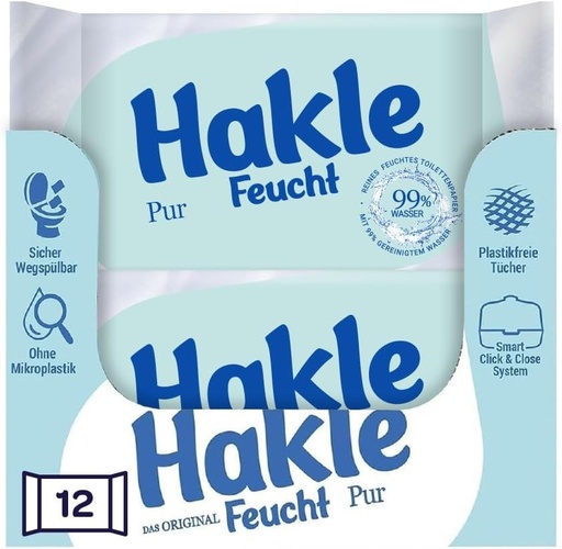 Servetele umede Hakle Feucht Pur in pachet de 12, 504 servetele (12 x 42 de coli), hartie igienica umeda, servetele umede cu 99% apa, servetele rapid solubile in apa