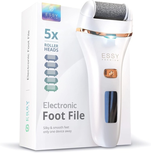 Essy Electric Callus Remover - Castigator al testului cu 5 role de schimb - Dispozitiv electric pentru indepartarea calusurilor - Dispozitiv de ingrijire a picioarelor - Set de pedichiura - Ingrijire electronica a picioarelor - Pila pentru calusuri (alba)
