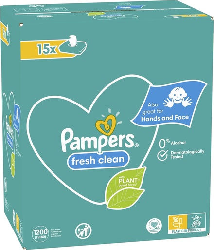 Pampers Fresh Clean, 1200 de servetele umede pentru bebelusi (15 x 80), fara alcool, si pentru maini si fata