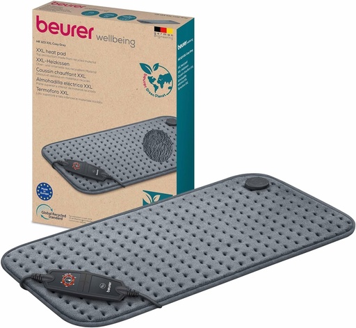 Perna incalzitoare Beurer HK 123 Green Planet, fabricata in Europa, partea superioara si inferioara din material 100% reciclat, moale si pufoasa, 60 x 30 cm, 6 setari de temperatura si oprire automata, lavabila la masina, gri