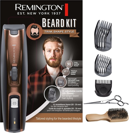 Kit de tuns barba Remington (include perie XL + foarfece) Kit de tuns barba (3 piepteni reglabili 0,5-35 mm, lame din titan cu auto-ascutire, trimmer de precizie retractabil, autonomie fara fir de 90 de minute) MB4046