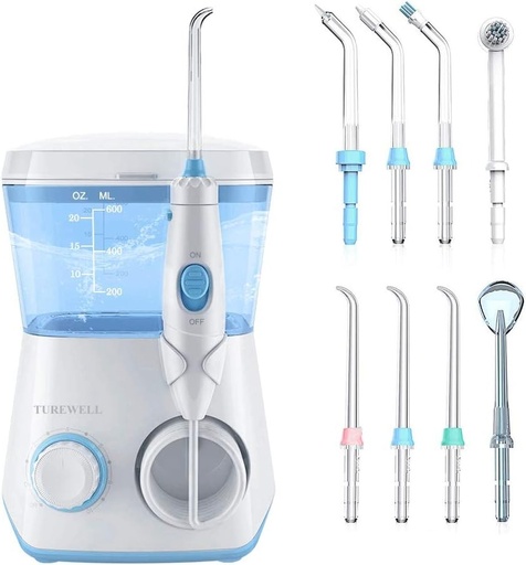 Irigator dentar cu apa TUREWELL, curatitor interdentar electric cu 10 niveluri de presiune si 8 duze, irigator oral impermeabil IPX7, irigator dentar cu apa 600 ml pentru uz casnic (alb)