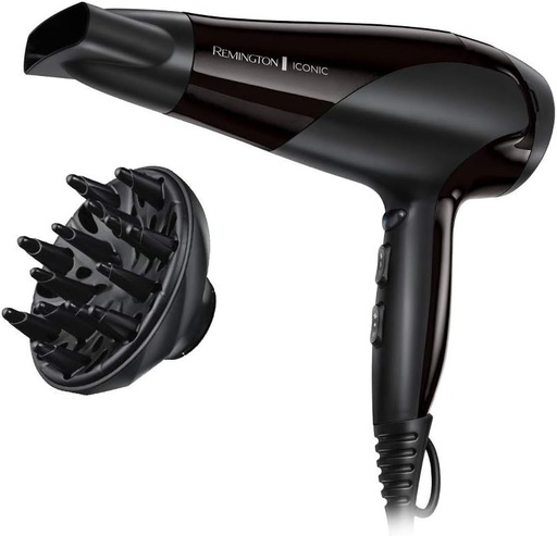Uscator de par ionic Remington [Puternic si usor] Ionic Dry Negru (2200W, distributie delicata si uniforma a caldurii, 3 setari de temperatura/2 viteze, duza concentrator, difuzor) D3198