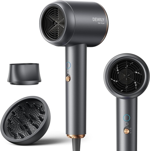 Uscator de par ionic profesional, uscator de par DEWILY cu concentrator difuzor, uscator de par cu uscare rapida de 1800 W cu 2 viteze si 4 setari de caldura, uscator de par de calatorie pentru familii (gri si auriu)