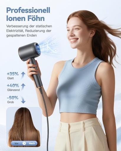 Uscator de par ionic profesional, uscator de par DEWILY cu concentrator difuzor, uscator de par cu uscare rapida de 1800 W cu 2 viteze si 4 setari de caldura, uscator de par de calatorie pentru familii (gri si auriu)