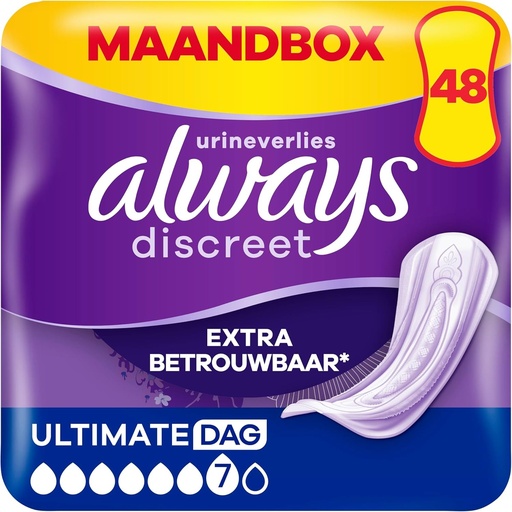 Always Discreet Extra Secure, 48 de absorbante igienice pentru incontinenta feminina, Ultimate Day 6 picaturi, protectie absorbanta pentru scurgeri urinare abundente in timpul zilei, pachet pentru 1 luna