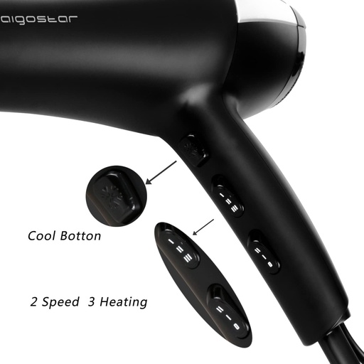 Uscator de par ionic Aigostar Monique 2400W, uscator de par profesional. Uscator de par negru cu difuzor si accesorii.