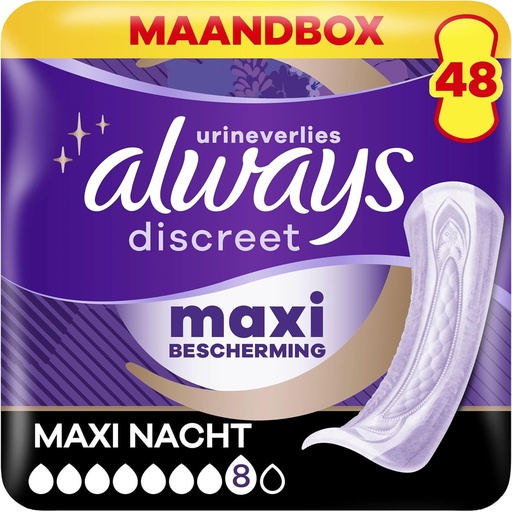 Always Discreet Extra Secure, Absorbante pentru incontinenta sau scurgeri urinare, Scurgeri abundente, Marime Eco, 7 picaturi, Ultimate Night, 48 pliculete individuale (4 x 12 unitati)