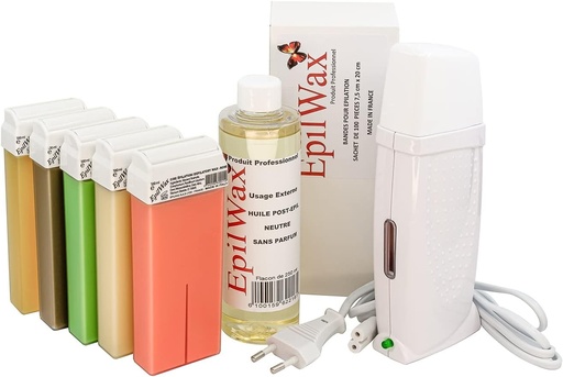 Kit complet de epilare EpilWax Royal cu: Incalzitor profesional de ceara, 5 tuburi de ceara roll-on (100 ml variegated), 100 benzi epilatoare, 250 ml ulei post-epilare (Royal variegated 5)
